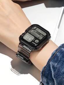 1PC Unisex Sport & Fashion Black Silicone Watch Strap With Watch Case Compatible With IWatch 38mm 40mm 41mm 42mm 44mm 45mm 46mm 49mm,Men Women Simple Transparent Silicone Watch Band Compatible With Apple Watch Series Ultra 3/2/1 11 10 9 8 7 SE3 6 5 4 3 2 1 - Black - View 1