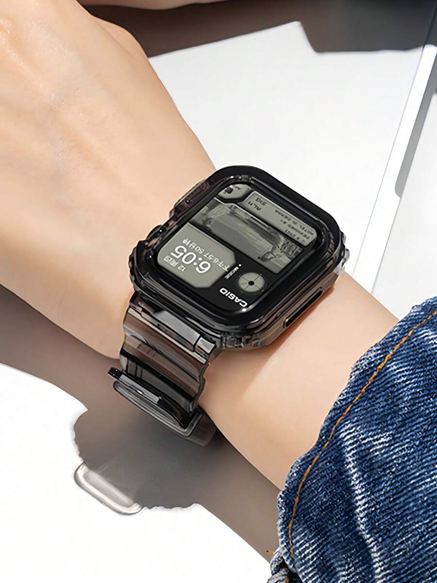 1PC Unisex Sport & Fashion Black Silicone Watch Strap With Watch Case Compatible With IWatch 38mm 40mm 41mm 42mm 44mm 45mm 46mm 49mm,Men Women Simple Transparent Silicone Watch Band Compatible With Apple Watch Series Ultra 3/2/1 11 10 9 8 7 SE3 6 5 4 3 2 1 - Black - View 1