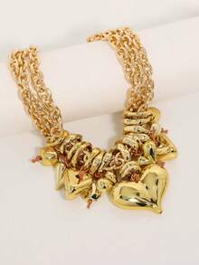 奢华金属链心形吊坠项链，纹理石装饰简约颈链，复古时尚个性化项链 - 金屬鏈愛心墜 - 查看 3