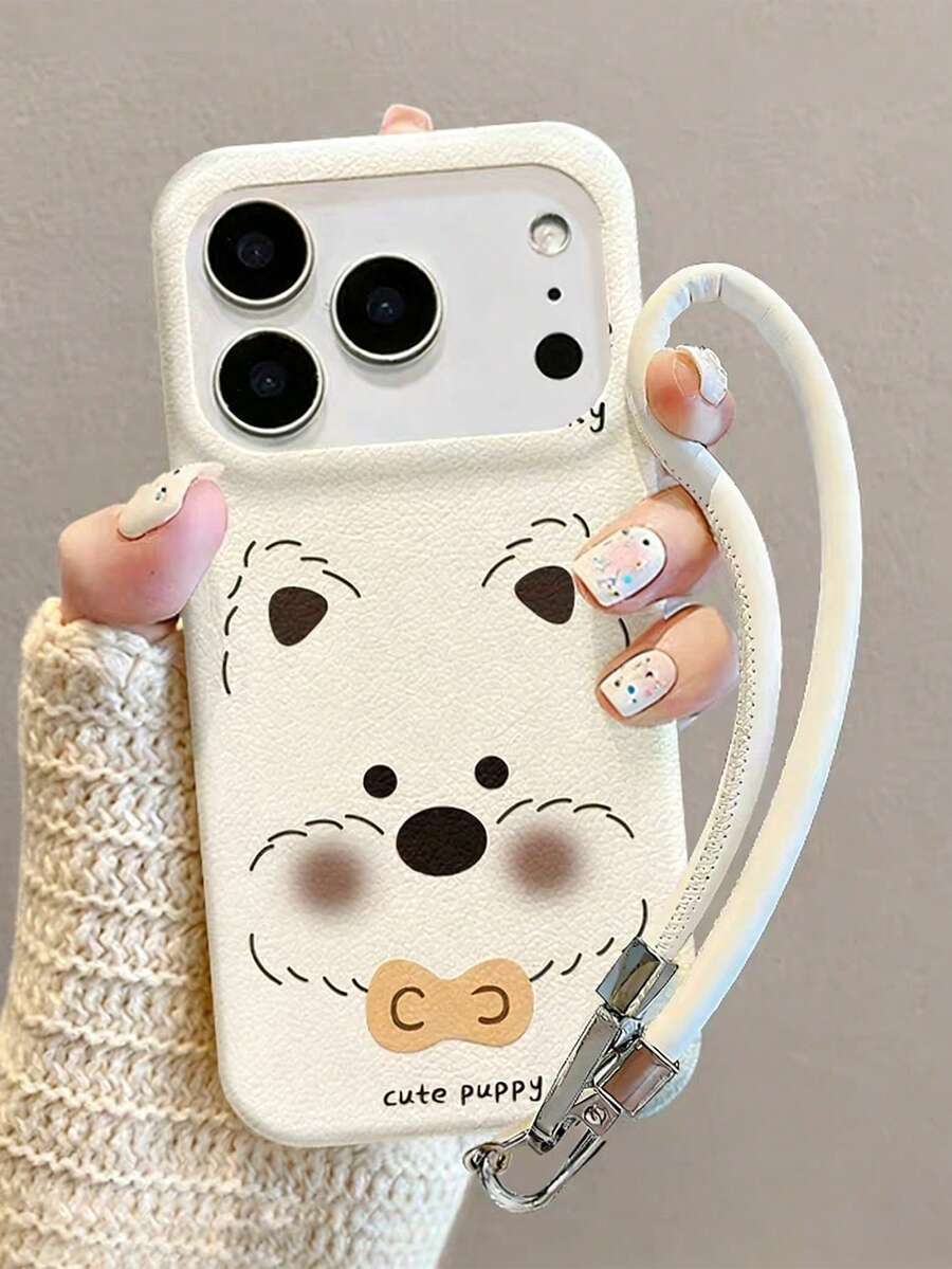 1个时尚白色小狗皮纹手机壳，配白色时尚挂绳，兼容 17 Pro Max/16 Pro Max/13/15/16/15 Pro Max/17 Pro/14/11，白色小狗图案手机保护套，带挂绳 - 白色 - 查看 1