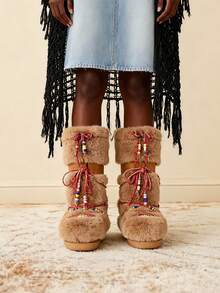 Faux Fur Boots For Women Winter Snow Boots Platform Lace Up Round Toe Boots Warm Snow Shoes Fluffy Winter Boots - 駝色 - 查看 2