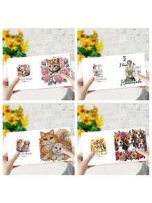 6pcs DIY Diamond Painting Kits, Cat, Dog, Cartoon Character Patterns On Paper Material Greeting Cards, Blessings And Wishes, Unique Design, Asymmetrical Shape Diamonds, Suitable For Thanksgiving Gifts - Multicolor - View 5