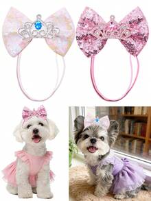 2件套亮片皇冠宠物头箍发饰，精致猫狗装扮配饰，可爱蝴蝶结狗狗头饰，幼犬服装，生日派对可爱宠物装扮，柔软弹力带，适合猫狗，节日拍照配饰，完美适用于圣诞节/生日/情人节/约会氛围 - 彩色 - 查看 1