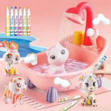 DIY浴室可爱宠物涂鸦套装，包含卡通动物玩具、浴缸、淋浴喷头和可重复使用的水洗画笔。儿童艺术手工套装，创意绘画套装。理想的生日、节日和派对礼物。 - 彩色 - 查看 1
