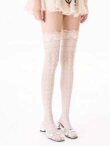 1 Pair Women's Fashion Retro Palace Style Lace Thigh High Socks, Ballerina Ribbon Tie Hollow Geometric Rhombus Mid-Thigh Socks, Suitable For Daily Wear And Party Events - White - View 6