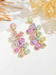 OOQ 1 Pair Handmade Bohemian Gradient Color Raffia Flower Earrings, Summer Niche Design Minimalist High-End Floral Tassel Earrings, Suitable For Women's Daily, Vacation, Party Wear - Mixed Color - View 2
