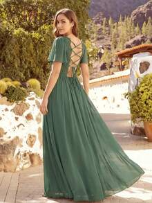 EVERPRETTY Olive Green Romantic Chiffon Lace Embroidery Backless Ruffle Hem Bridesmaid Dress, Spring Wedding Guest Dress
