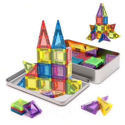 20/38/60pcs Mini Magnetic Tiles Set With Metal Tin Box, Magnetic Building Blocks Toys, Portable Creative Educational STEM Travel Toys For Kids 3+ Years Old Boys And Girls
