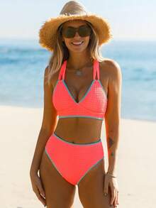 Women's Textured Bikini Set, High Waist Tie Front Swimsuit, Suitable For Summer Vacation & Pool - Orange - View 3