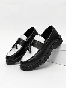 男士休闲厚底一脚蹬增高纯黑色皮鞋，防滑学生乐福鞋，流苏正装商务鞋，轻便休闲工作靴 - 黑與白 - 查看 1