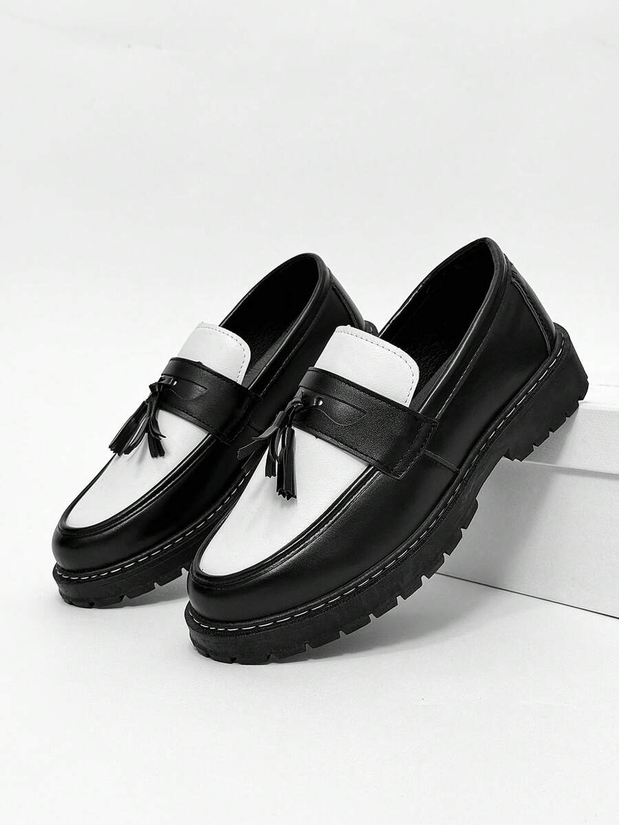 男士休闲厚底一脚蹬增高纯黑色皮鞋，防滑学生乐福鞋，流苏正装商务鞋，轻便休闲工作靴 - 黑與白 - 查看 1