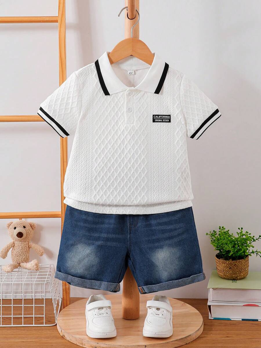 2 Stücke/Set Mädchen Lässig gestreifter Jacquard Strick Poloshirt T-Shirt und Denim-Shorts Set, geeignet für Sommer Outdoor, Alltag, Lässig & Urlaub - Weiss - Übersicht 1