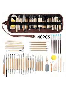 43件套陶艺工具套装，包括陶土雕塑刀、雕刻硅胶刷、细节针、腰包、7根针 - 陶泥工具 - 查看 2