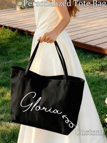 1pc Customized Canvas Tote Bag, Women's Handbag, Beach Bag, Bridesmaid Beach Bag, Can Print Your Name, Portable, Large Capacity, Reusable, Durable. They Are An Ideal Gift For Women, High-Quality And Customizable, Perfect For Weddings, Bridal Showers, And Travel. They Also Make Perfect Personalized Holiday Gifts For Christmas, Thanksgiving, New Year, And Valentine's Day. - Multicolor - View 4