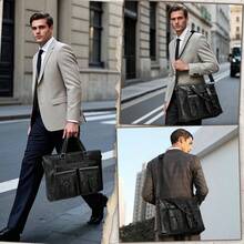 NEWHEY 男士15.6英寸公文包，PU皮革笔记本电脑包，大容量，防水，适合工作、商务和旅行 - 彩色 - 查看 3