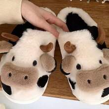 Soft And Cute Girly Cow-Toe Cotton Slippers For Winter Fashion Girls Home Warm Plush Shoes - Đen và trắng - Xem 6