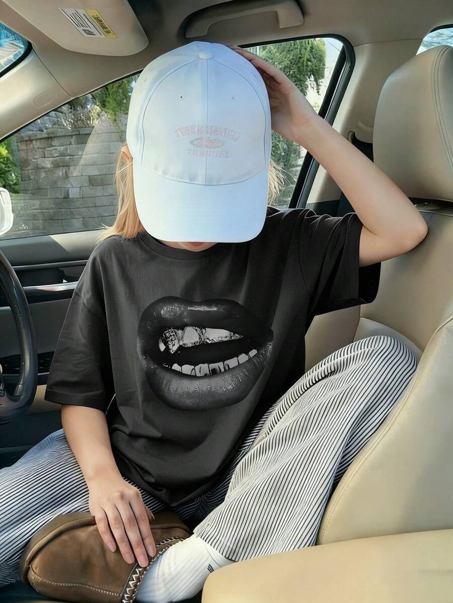 1 件女童休闲字母印花圆领短袖 T 恤，夏季学生年轻休闲装 - 简约英文字母风格 T 恤激发想象力和自我表达 - 黑色 - 查看 1