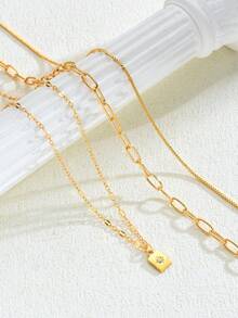 3pcs Fashionable Checkered Paperclip Box Chain Necklace With Sparkling Rhinestone Rectangle Pendant - Yellow Gold - View 5