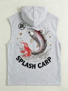 1pc Printed Sleeveless Men's Casual Sporty Hooded Tank Top, Summer - Grey - View 3