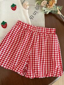 女童草莓刺绣套装，夏季针织无袖背心+红白格子短裤，清新甜美风格，儿童两件套，柔软透气，宽松版型，时尚百搭，适合夏季女童穿着 - 紅色 - 查看 8
