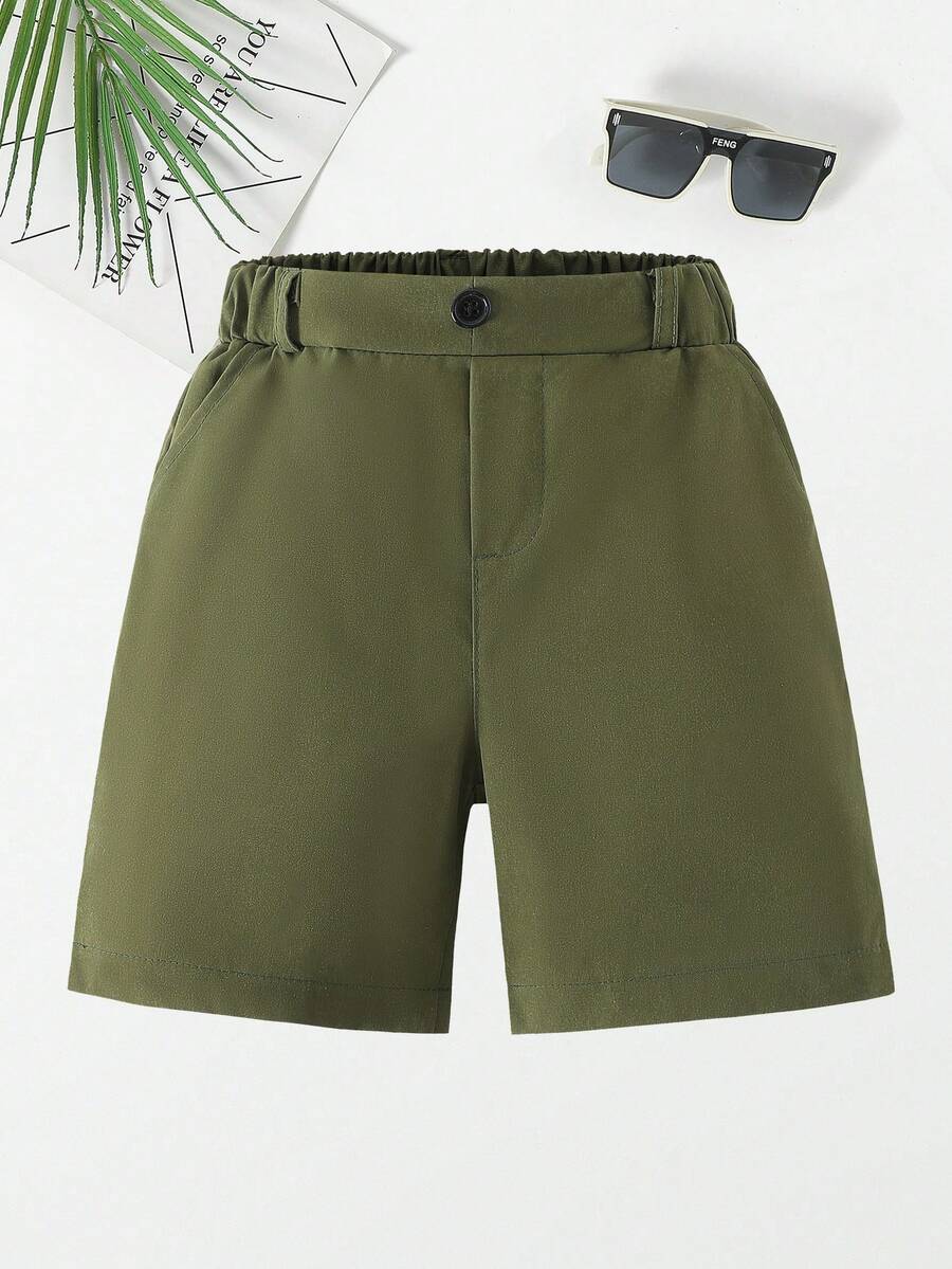 Boys' Solid Color Casual Shorts, Elastic Waist Pockets Sports Shorts, School Uniform Pants - Green - View 1