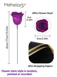 MEHELANY 20pcs 2.76 Inch Glitter Rose Bouquet, DIY Artificial Glitter Flower Bouquet, Deep Purple Fake Flowers, Artificial Roses, Everlasting Shiny Artificial Rose Bouquet, Suitable For Anniversary, Engagement, Wedding Gift, Home Decor, Office Kitchen Decor, Party Decor, Room Decor, Valentine's Day Decor, Mother's Day Decor, Birthday Gift For Girlfriend, Mom, Ladies (With Wrapping Paper) - Purple - View 9