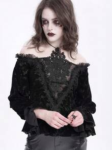 Gothic Dark Velvet Cold Shoulder Top, Lace Hollow-Out Embroidered Halter Tight Fitting Romantic Dark Shirt - Black - View 2