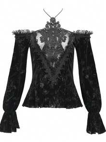 Gothic Dark Velvet Cold Shoulder Top, Lace Hollow-Out Embroidered Halter Tight Fitting Romantic Dark Shirt - Black - View 7