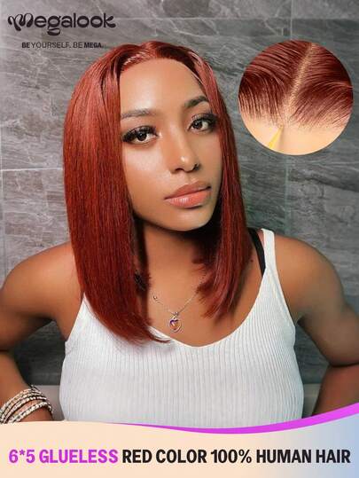 MEGALOOK 33# Rödbrun Rak Peruk, 15,5 cm x 12,5 cm Spetsförslutning, Peruk i 100 % Äkta Hår - Förskuren Transparent Spets Peruk Utan Lim, Röd Peruk, 30 cm Kort Vågig Bob Peruk, 76 cm Lång Peruk, För Kvinnor, Nybörjarvänlig