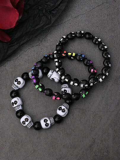 3pcs Punk Rock Style Colorful Skull Beaded Elastic Bracelets, Suitable For Women And Men, Everyday Wear, Parties, Music Festivals