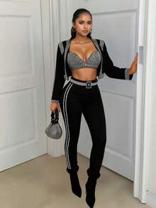 Women's Elegant Solid Color Party Rhinestone Jumpsuit, 3 Pieces Set Wedding Spring Black - Black - View 2