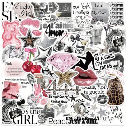 50pcs Y2K Aesthetic Stickers, Urban Girl Stickers, Y2K Style Black And White Stickers, Urban Stickers, Waterproof Vinyl Stickers, Suitable For Laptop, Phone, Car, Skateboard, Water Bottle, Scrapbook, Computer, Diary, Etc.