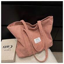 Large Capacity Solid Color Simple Corduroy Tote Bag, Tote Bags For Students, Multiple Compartments, Perfect For Beach, School, Work & Daily Use, Literary School Bag For Teens, Book Bag For Women Or Students, Perfect For Books, Shopping, Back To School And More, Perfectly Matching With Fall Outfits Women - 粉色 - 查看 5