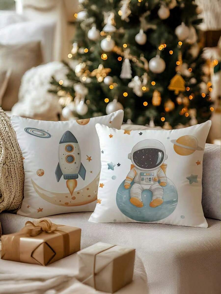 1/2/4pcs Space Adventure Throw Pillow Covers, 17.7" X 17.7", Cartoon Astronaut & Rocket Design, Zippered Polyester Cushion Cases For Contemporary Home Decor - Machine Washable, Insert Not Included, Decorative Pillow - Multicolor - View 1