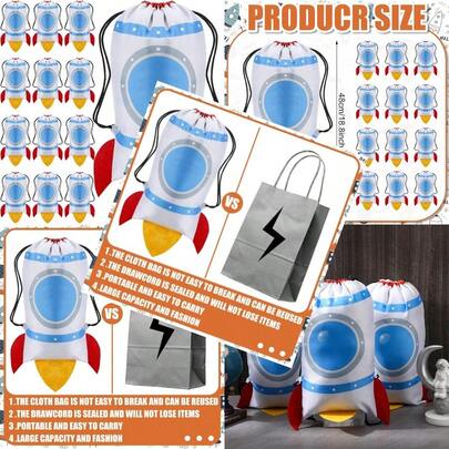 Kingdder 12 Pcs Rocket Drawstring Bags Party Favor Bags Rocket Space Themed Sport Astronaut Backpack Candy Goodie ForFull Of Fun