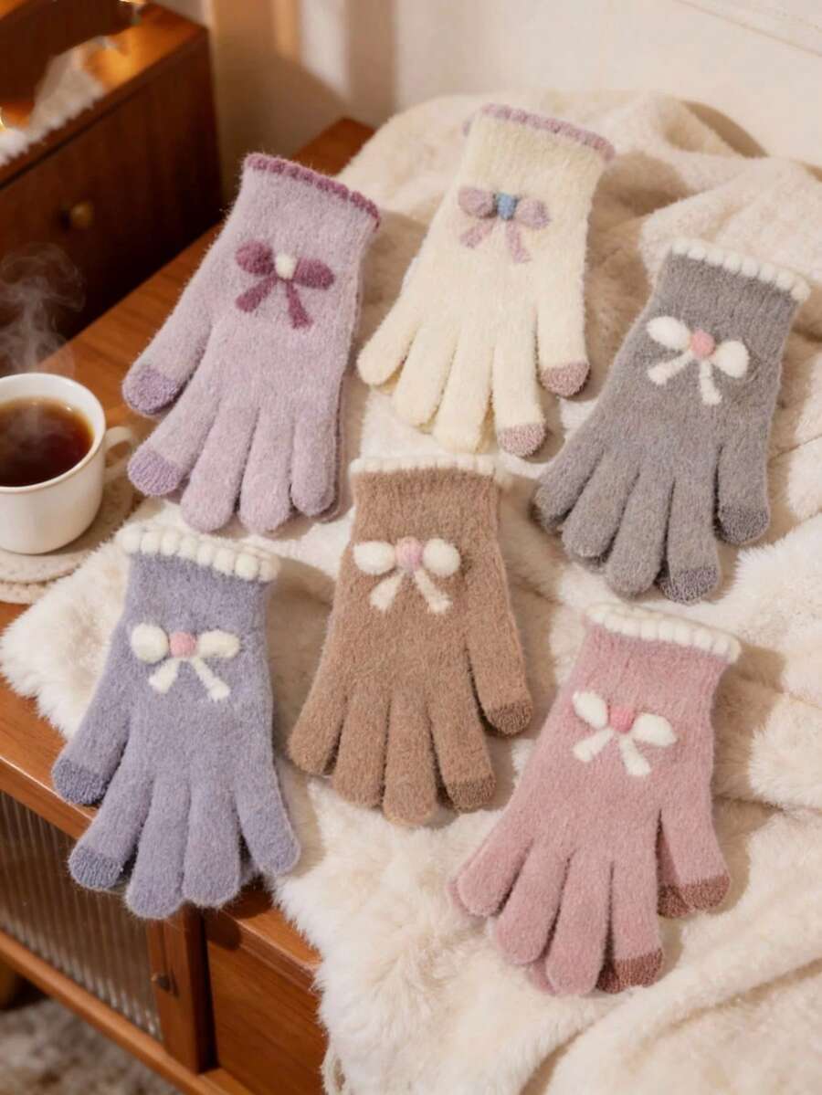 1 Pair Korean Style Winter Bowknot Pattern Five-Finger Women's Casual Versatile Gloves, Touchscreen Compatible For Gaming, Suitable For Daily Commute And Sports