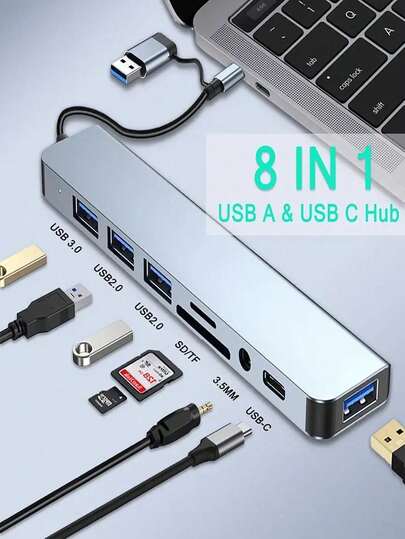 六合一 USB-C 集线器，USB-C 多端口适配器，支持 PD 快充，配备 SD/TF 读卡器、USB 3.0 和 USB 2.0 端口、USB-C 延长线，兼容 Type-C 笔记本电脑