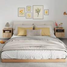 Bedside Table, Handle-Free Design, Open Compartment, Drawer, Wall Mount, Light Brown - Khaki - View 8