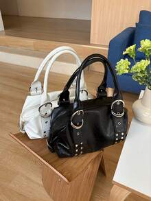 1pc White Women's Handbag, Vintage Punk Rivet Street Style Tote Bag, Large Capacity Metal Ring Fashion High-End Motorcycle Shoulder Bag, Suitable For Commuting, Dating, Daily Matching, Suitable For Career Women, College Students, Fashion Enthusiasts - White - View 9