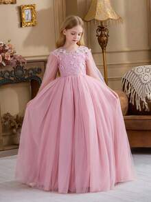 Tween Girl Elegant Lace Trim Bow Back Deep V Mesh Flower Girl Princess Dress, Suitable For Children's Birthday Party, Wedding, Prom, Holiday Occasions - Pink - View 6