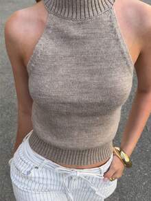 Women's Sleeveless Ribbed Knit Halter Neck Top, Made Of Knit Fabric With Medium Stretch, Suitable For Everyday Wear - Khaki - View 4