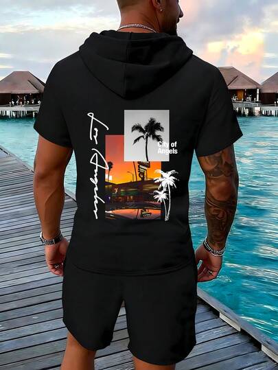 2-Piece Summer Collection Men's Hooded Short-Sleeved T-Shirt With Pocket Holiday-Inspired Letter Print With Coconut Tree Motif Elasticated Waist Drawstring Shorts Casual Sports Trousers Travel & Holiday Fitness Running Set Couples Coordinated Outfit
