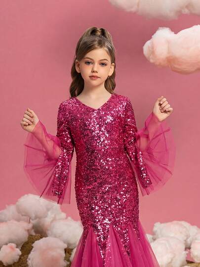  ALISA&LEO 女童亮片美人鱼落地长裙，配薄纱喇叭袖，优雅V领公主裙，适合婚礼、花童、生日派对、选美比赛、晚宴及正式场合