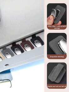 车载遮阳板眼镜架 – 绒面革和金属材质，内置海绵保护，带停车票卡槽，单手操作，通用型车载太阳镜夹