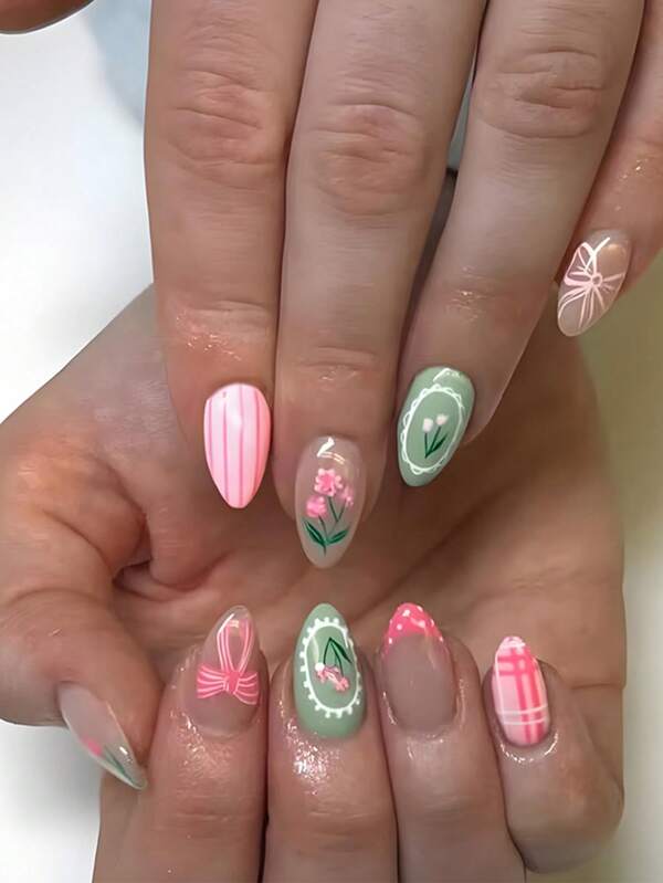 24 Pieces Of Almond-Shaped Pressing Nails, Suitable For Spring And Summer, Spring French-Style Polka Dots, Pink And Green Contrasting Patterns, Floral Bows, Striped Lace Wreath Designs. Almond-Shaped Fake Nails, Nail Art Products, Acrylic Nail Stickers, Full Coverage Nails. Suitable For Women's Dates, Daily Use, Parties, Outings, Etc. To Wear, Adding Your Color.