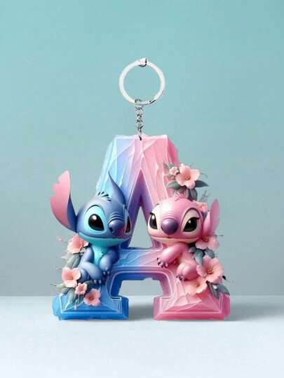 1pc Disney Stitch Acrylic Keychain - 26 English Letters, Cute Angel Cartoon Design With Floral Pattern, Durable Zinc Alloy Pendant, Suitable For Bags, Car Keys And Gifts, Valentine's Day And Birthday Accessories, Disney Stitch Bag Charm, Keychain Accessory, Vivid Design, Vibrant Colors, 2D Flat (If The Product Is Not Transparent, Please Peel Off The Protective Film On The Printed Back). 2D Flat Valentine's Day Pink Keychain, Ramadan Gift
