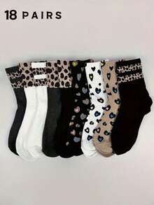 9 Pairs Women Leopard Print & Heart Pattern Mid-Calf Socks, Fashionable Minimalist Unique Retro Street Style Design, Suitable For Casual Outfits - Multicolor - View 32