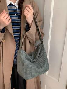 Korean & Japanese Style Plaid Print Fabric Women's Casual Versatile One Shoulder Bag, Front Double Pockets, Lightweight Foldable Zipper Closure Adjustable Long Strap, Suitable For Daily Use, School/College Students, Simple & Cute, Crossbody Bag For Shopping - Multicolor - View 7