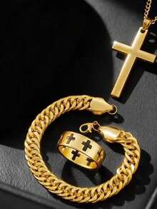 4pcs/Set Minimalist Business Men's Quartz Watch Set, Men's Gold-Tone Accessory Set (Includes Gold-Tone Alloy Dial Watch With Black Chronograph Dial, Cross Necklace, Chain Bracelet, And Cross Gold Ring). Featuring An All-Gold Tone With Black Chronograph Dial - Gold - View 4