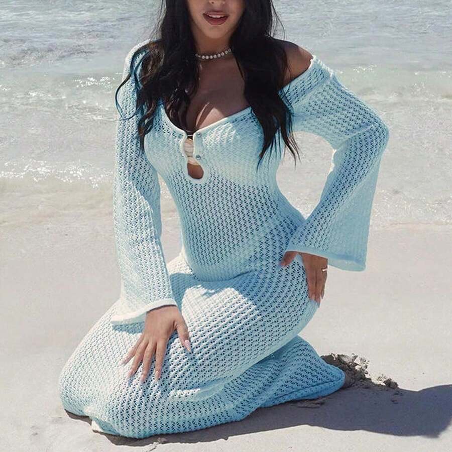 Crochet Deep V-Neck Women's Fashion Elegant Sexy Minimalist Solid Color Casual Knit Dress, Suitable For Beach, Music Festival, Wedding Season, Vacation Summer - Light Blue - View 1